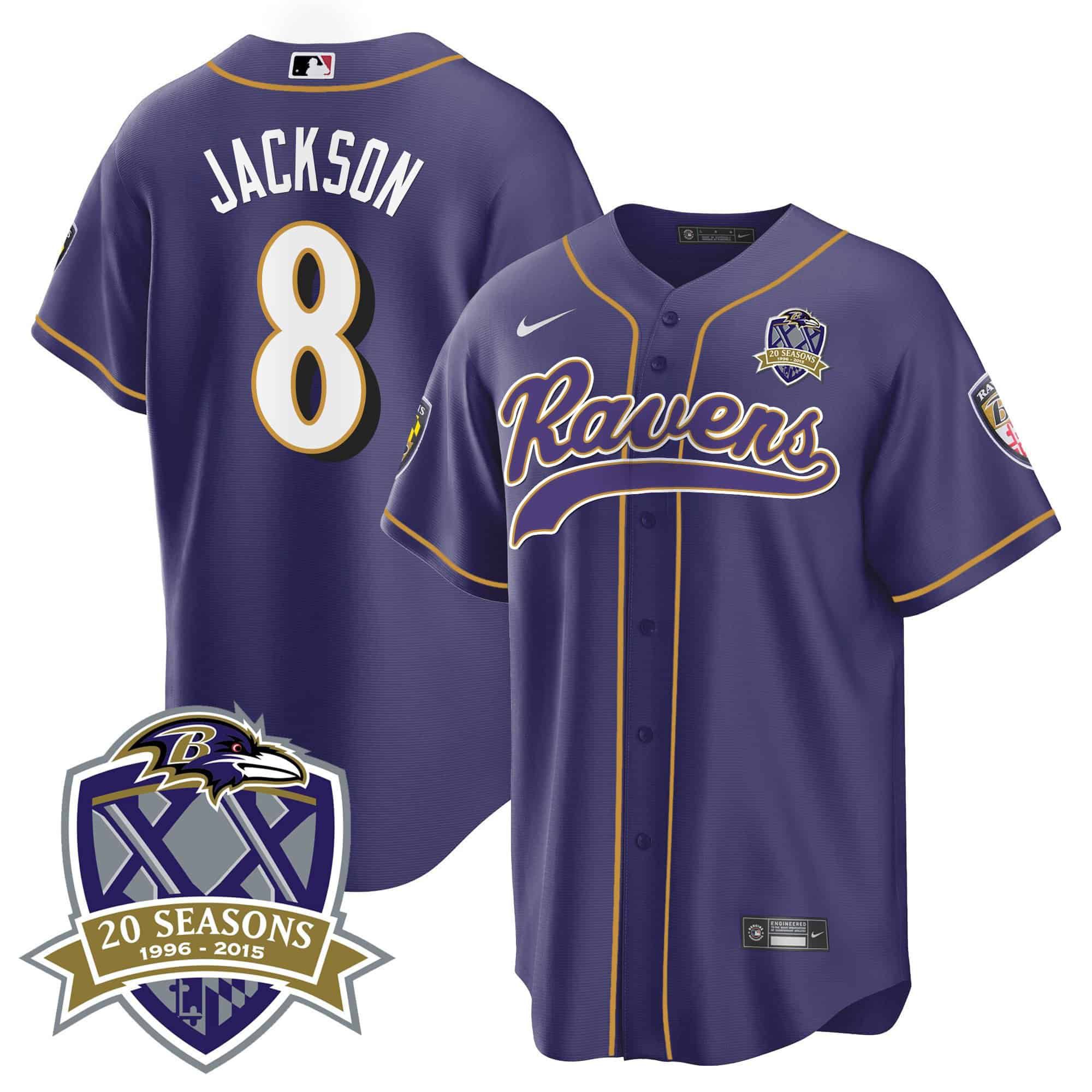 Men Baltimore Ravens #8 Jackson Purple 2024 Nike 20th Season Patch Baseball NFL Jersey style 1